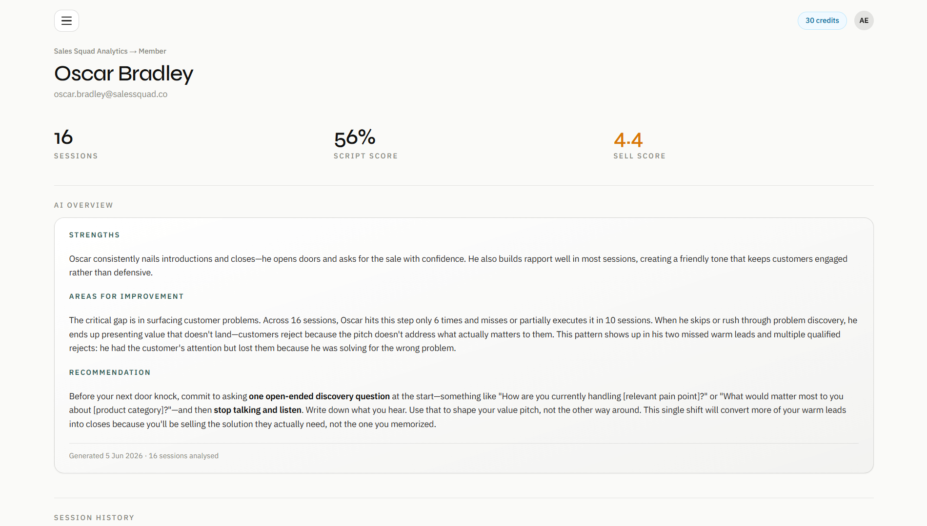 AI team overview — An instant written read on strengths, gaps and what to coach next.